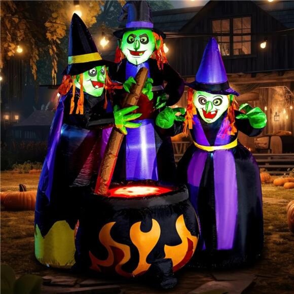 Joiedomi 6 FT Tall Halloween Inflatables Three Witch Around Cauldron with Flame - Picture 1 of 7
